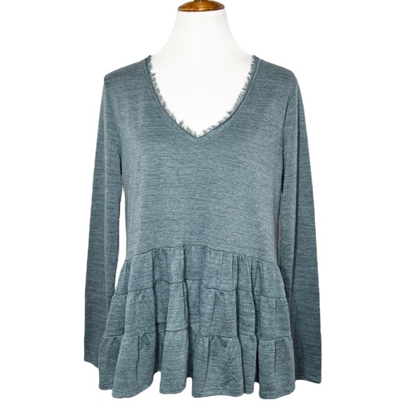 Anthropologie Teal Tiered Ruffled Peplum Long Sleeve V Neck Knit Top - Picture 2 of 10